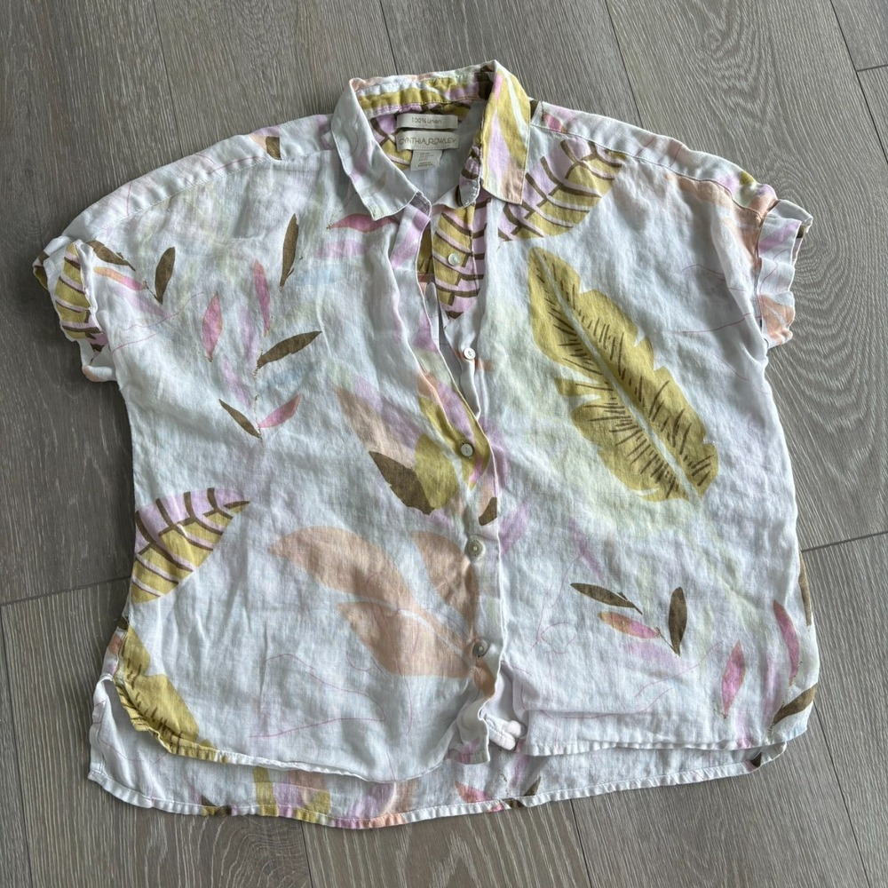 Cynthia Rowley Womens White Tropical Leaf Print 100% Linen Button Up Shirt XS